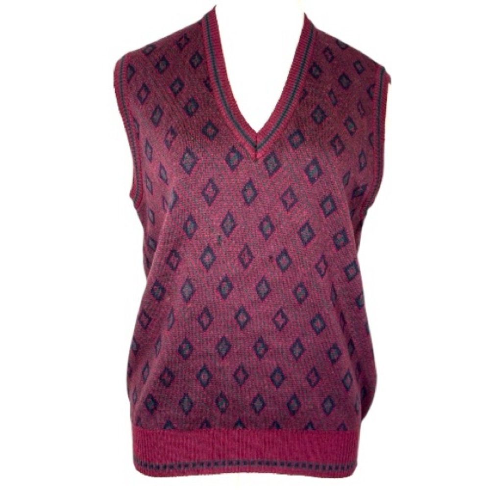 V-Neck Sweater Vest 100% Virgin Wool Burgundy Diamond Pattern Vintage Italy